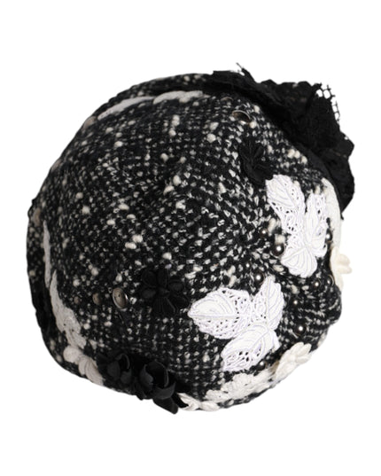 Dolce & Gabbana Black Wool White Floral Embellished Cloche Hat