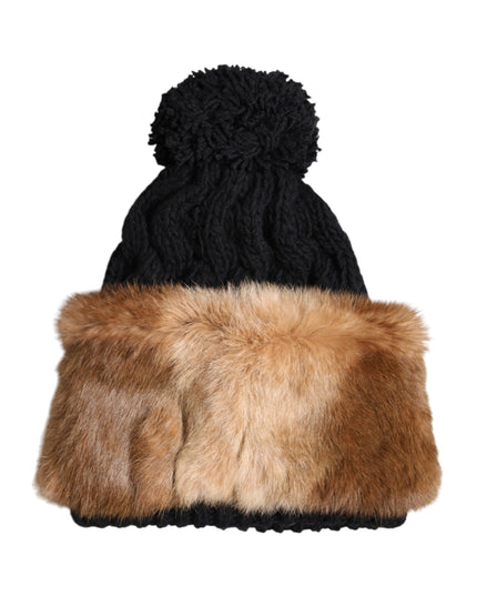 Dolce & Gabbana Black Brown Dyed Rabbit Real Fur Winter Beanie Hat