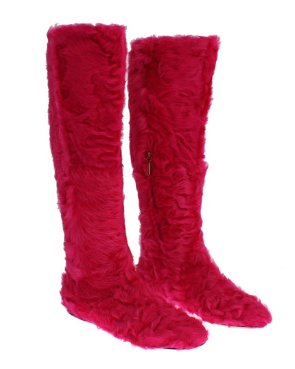 Dolce & Gabbana Pink Lamb Fur Leather Flat Boots