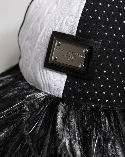 Dolce & Gabbana White Black Polka Dot Feathers Baseball Cap