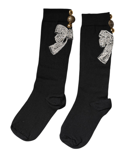 Dolce & Gabbana Black Knit Floral Crystal Embellishment Socks