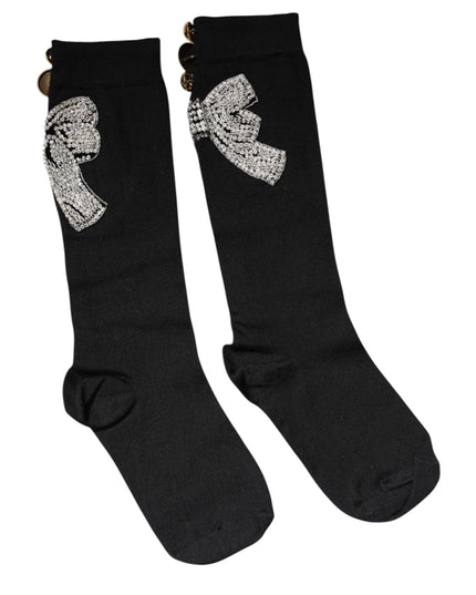Dolce & Gabbana Black Knit Floral Crystal Embellishment Socks