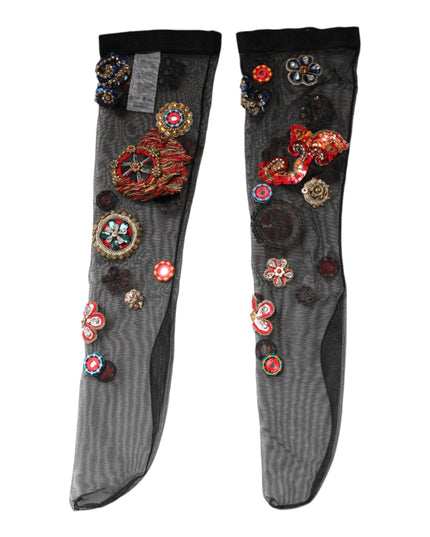 Dolce & Gabbana Black Stretch Carretto Crystal Stockings Socks