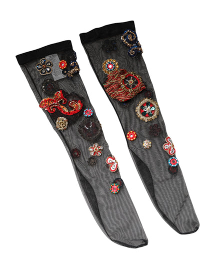 Dolce & Gabbana Black Stretch Carretto Crystal Stockings Socks