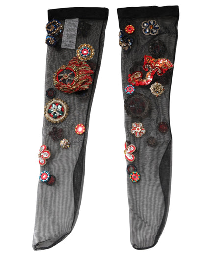 Dolce & Gabbana Black Stretch Carretto Crystal Stockings Socks