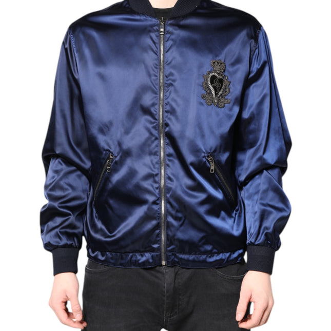 Dolce & Gabbana Blue Nylon DG Crown Full Zip Bomber Jacket