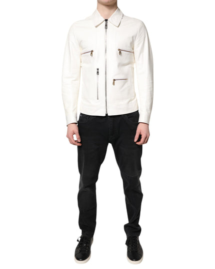 Dolce & Gabbana White Collared Full Zip Biker Coat Jacket