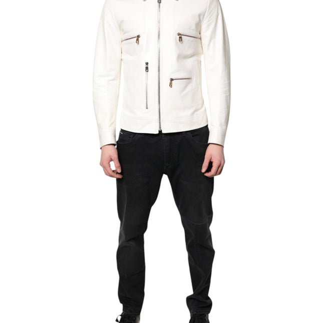 Dolce & Gabbana White Collared Full Zip Biker Coat Jacket