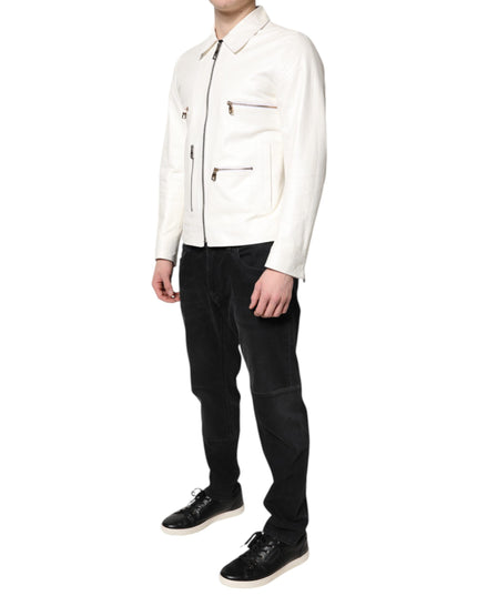 Dolce & Gabbana White Collared Full Zip Biker Coat Jacket