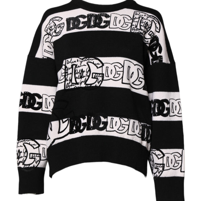 Dolce & Gabbana Black White Logo Print Wool Pullover Sweater