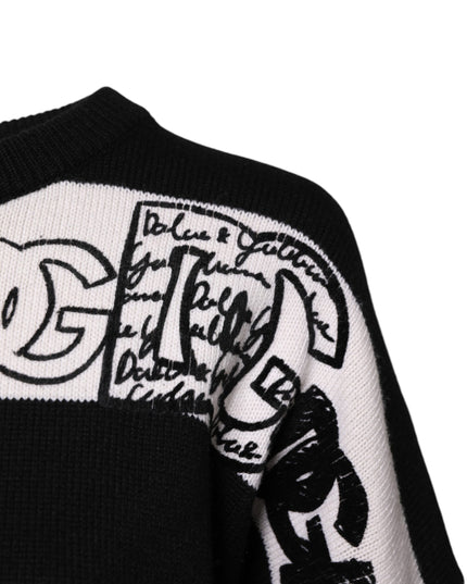 Dolce & Gabbana Black White Logo Print Wool Pullover Sweater
