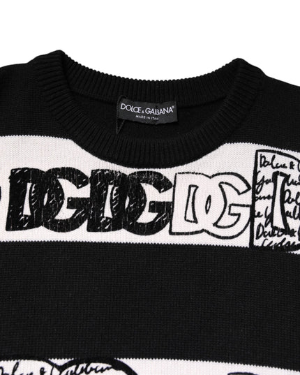 Dolce & Gabbana Black White Logo Print Wool Pullover Sweater