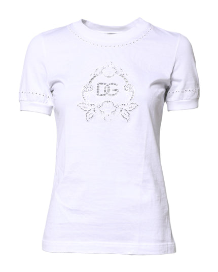 Dolce & Gabbana White Cotton Floral Logo Crew Neck T-shirt