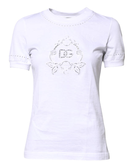 Dolce & Gabbana White Cotton Floral Logo Crew Neck T-shirt