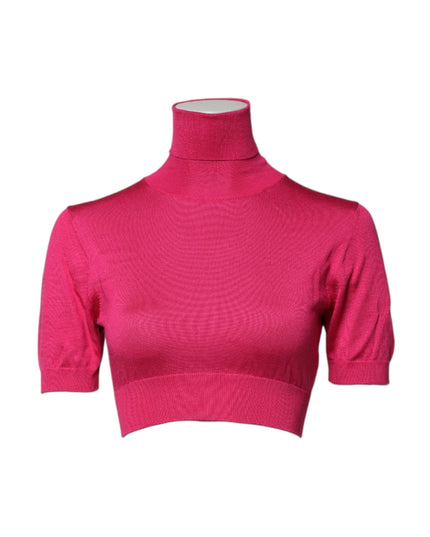Dolce & Gabbana Pink Silk Knitted Turtleneck Cropped Top