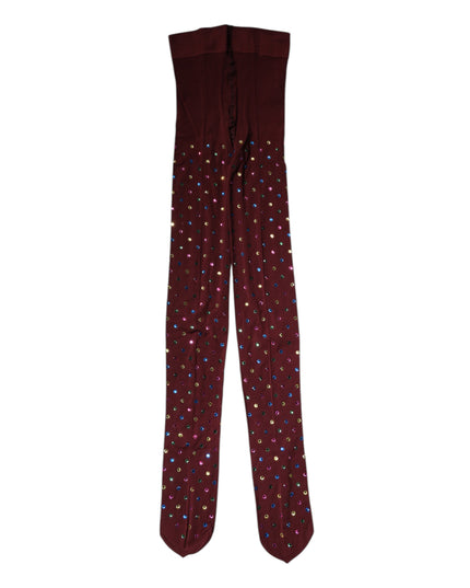 Dolce & Gabbana Maroon Nylon Crystal Embellished Pantyhose Tights