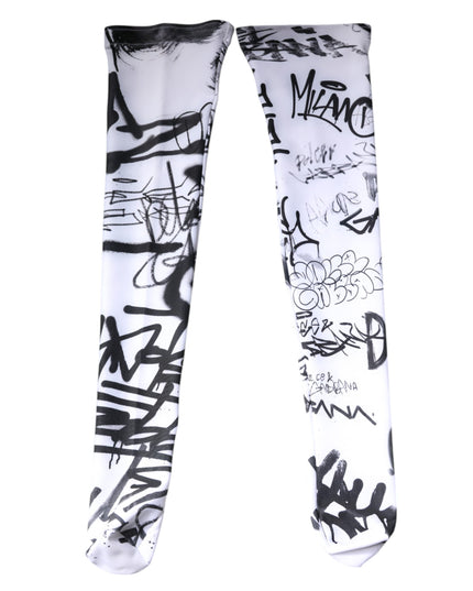 Dolce & Gabbana White Graffiti Cotton Over Calf Stockings Socks