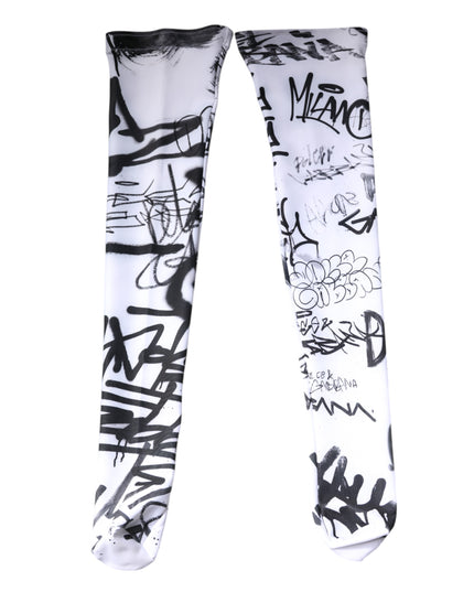 Dolce & Gabbana White Graffiti Cotton Over Calf Stockings Socks