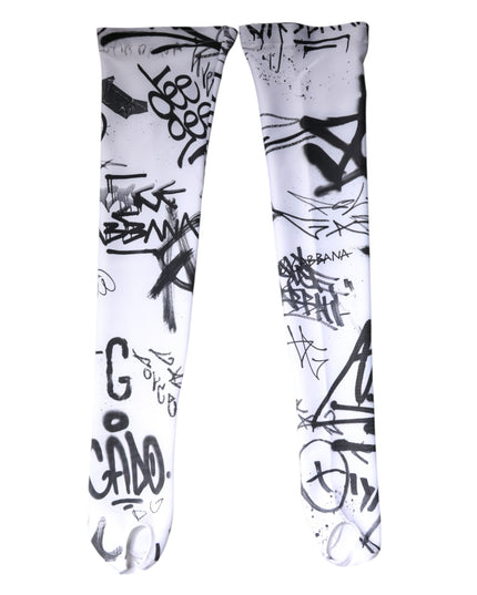 Dolce & Gabbana White Graffiti Cotton Over Calf Stockings Socks