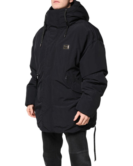 Dolce & Gabbana Black Nylon Full Zip Hooded Parka Jacket