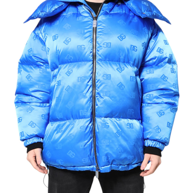 Dolce & Gabbana Blue Logo Full Zip Hooded Quilted Jacket
