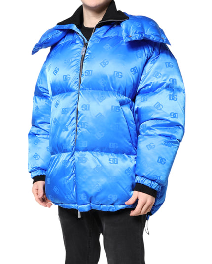 Dolce & Gabbana Blue Logo Full Zip Hooded Quilted Jacket