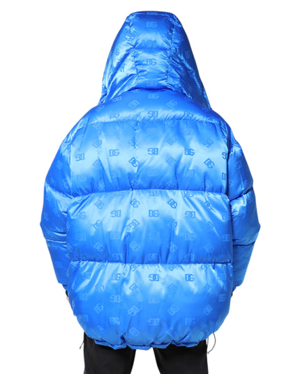 Dolce & Gabbana Blue Logo Full Zip Hooded Quilted Jacket