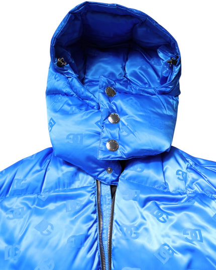 Dolce & Gabbana Blue Logo Full Zip Hooded Quilted Jacket