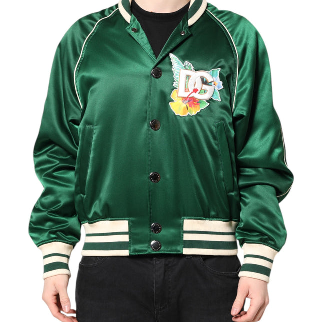 Dolce & Gabbana Green Floral DG Logo Full Zip Bomber Jacket