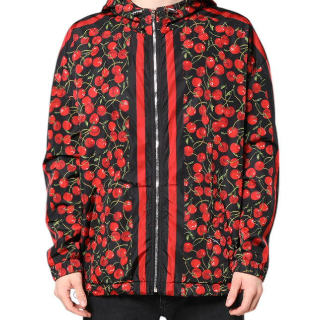 Dolce & Gabbana Black Cherry Print Hooded Windbreaker Jacket