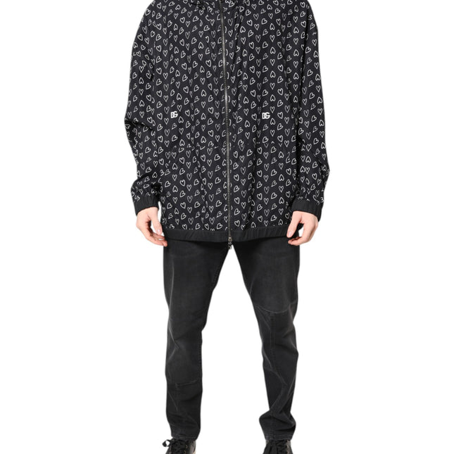 Dolce & Gabbana Black Heart Print Hooded Windbreaker Jacket