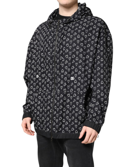 Dolce & Gabbana Black Heart Print Hooded Windbreaker Jacket