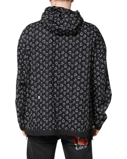 Dolce & Gabbana Black Heart Print Hooded Windbreaker Jacket