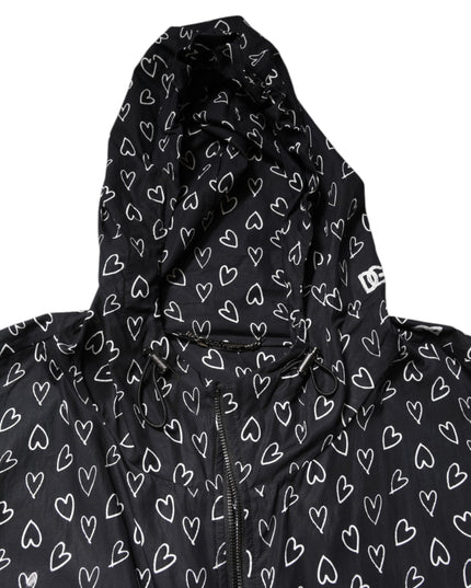Dolce & Gabbana Black Heart Print Hooded Windbreaker Jacket