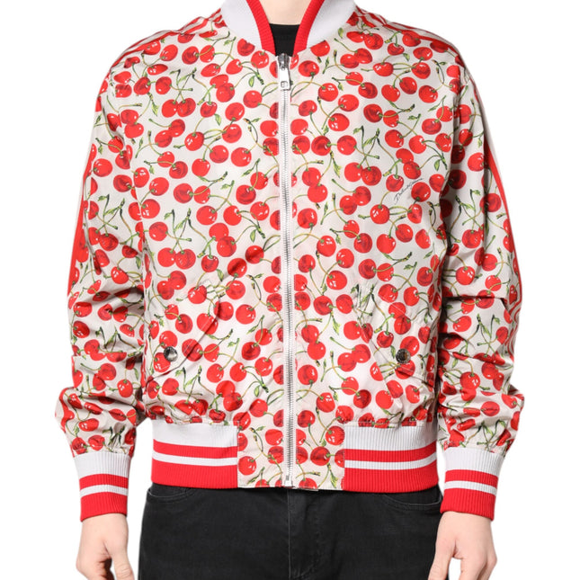 Dolce & Gabbana White Cherry Print Full Zip Bomber Jacket