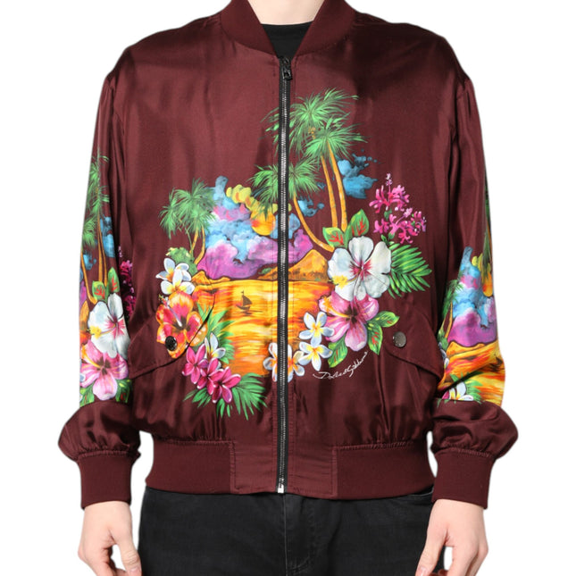 Dolce & Gabbana Maroon Floral Print Full Zip Bomber Jacket