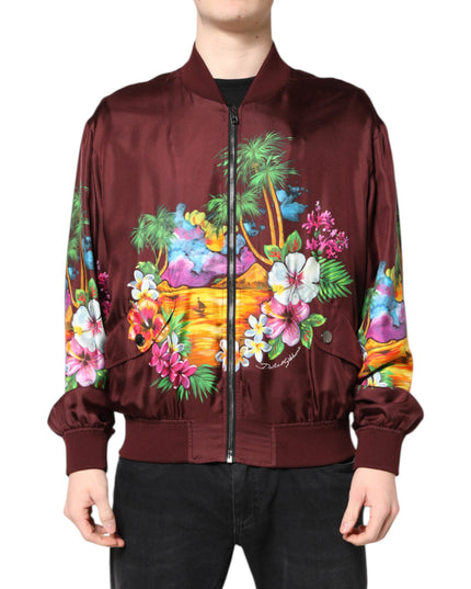 Dolce & Gabbana Maroon Floral Print Full Zip Bomber Jacket
