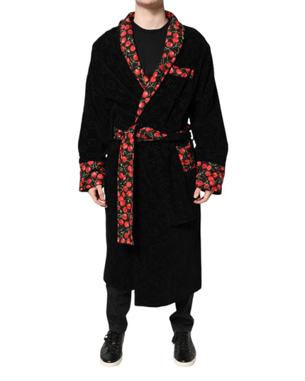 Dolce & Gabbana Black Cherry Print Wrap Robe Men Coat Jacket