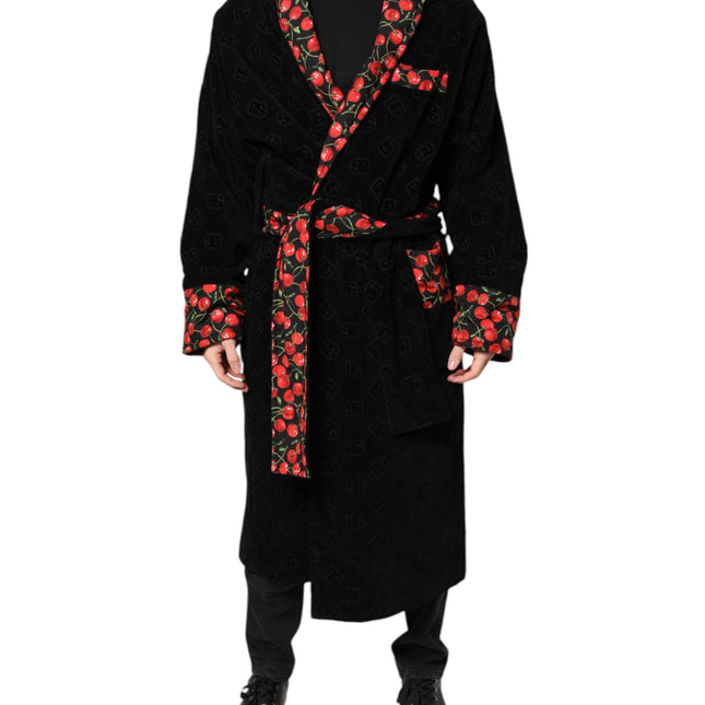 Dolce & Gabbana Black Cherry Print Wrap Robe Men Coat Jacket