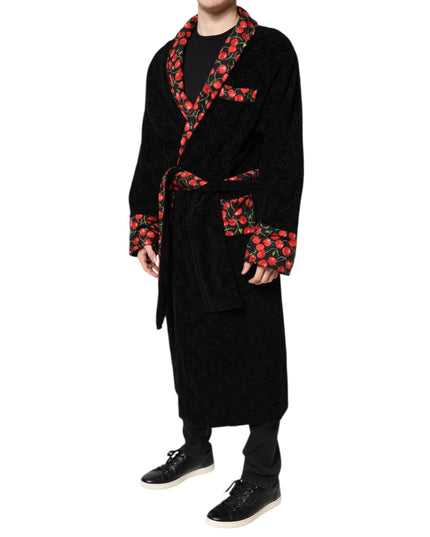 Dolce & Gabbana Black Cherry Print Wrap Robe Men Coat Jacket