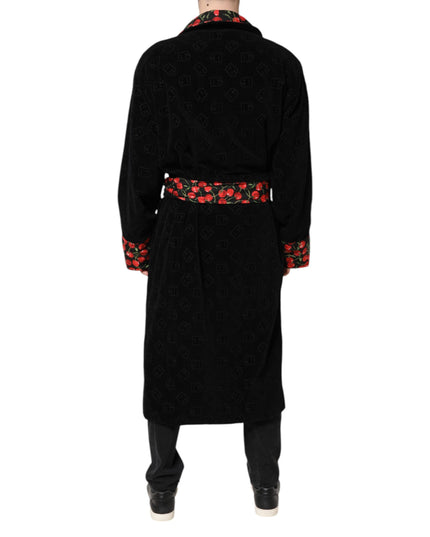 Dolce & Gabbana Black Cherry Print Wrap Robe Men Coat Jacket