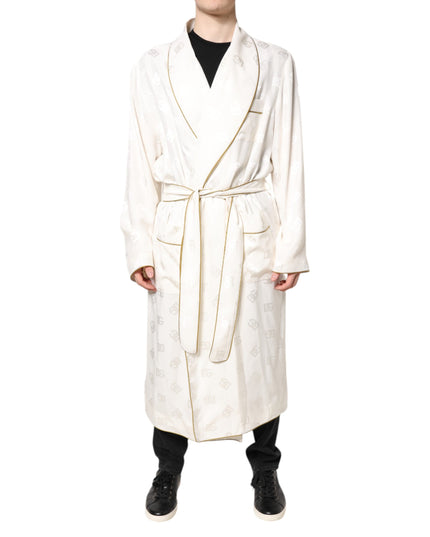 Dolce & Gabbana Ivory Silk Logo Men Wrap Robe Coat Jacket