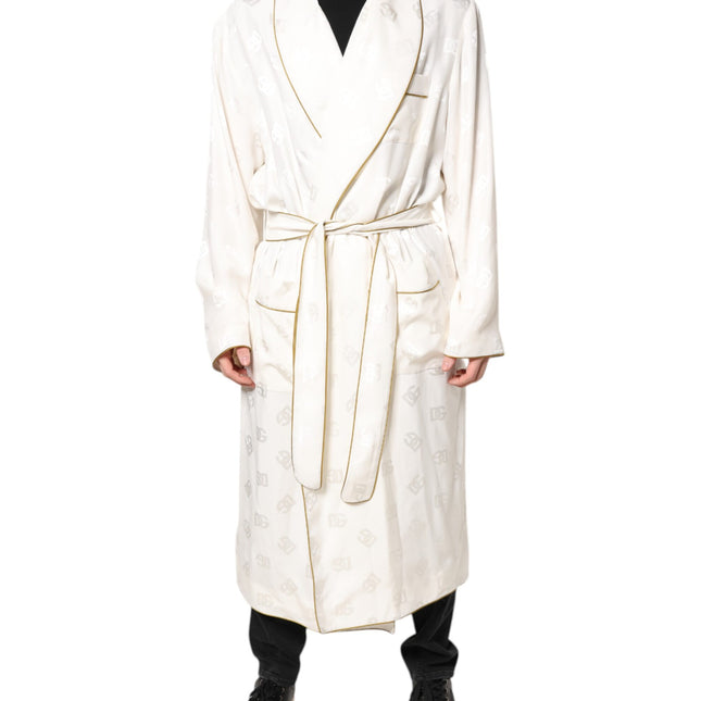 Dolce & Gabbana Ivory Silk Logo Men Wrap Robe Coat Jacket