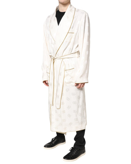 Dolce & Gabbana Ivory Silk Logo Men Wrap Robe Coat Jacket