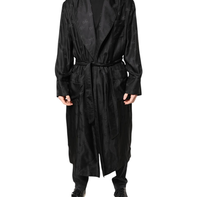 Dolce & Gabbana Black Silk DG Logo Men Wrap Robe Coat Jacket