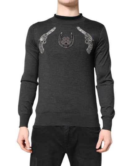 Dolce & Gabbana Gray Embroidery Knit Men Pullover Sweater