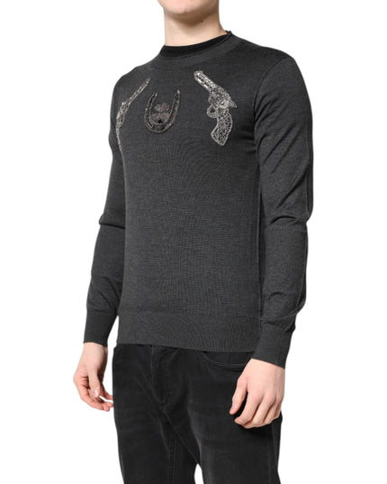 Dolce & Gabbana Gray Embroidery Knit Men Pullover Sweater