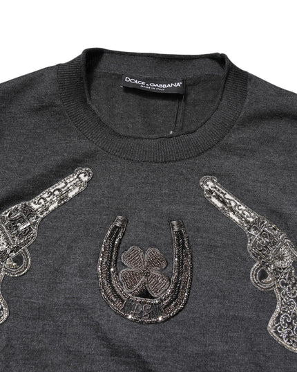 Dolce & Gabbana Gray Embroidery Knit Men Pullover Sweater