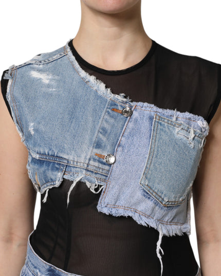 Dolce & Gabbana Black Blue Sleeveless Denim Mini Dress