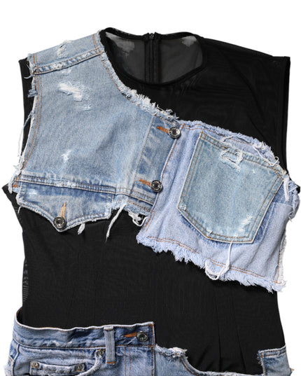 Dolce & Gabbana Black Blue Sleeveless Denim Mini Dress